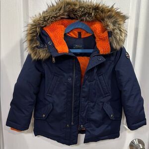 Polo by Ralph Lauren Blue and Orange Puffer Jacket with Faux Fur Hood